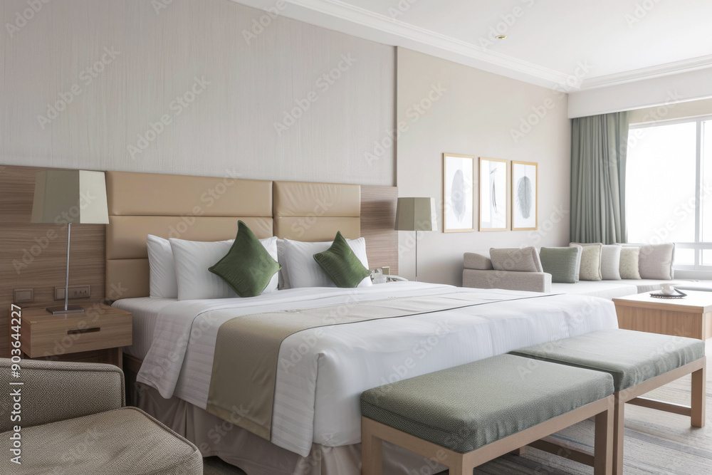 Fototapeta premium Elegant hotel room with stylish furniture, natural colors and neutral lighting. Hotel interiors decor composition.