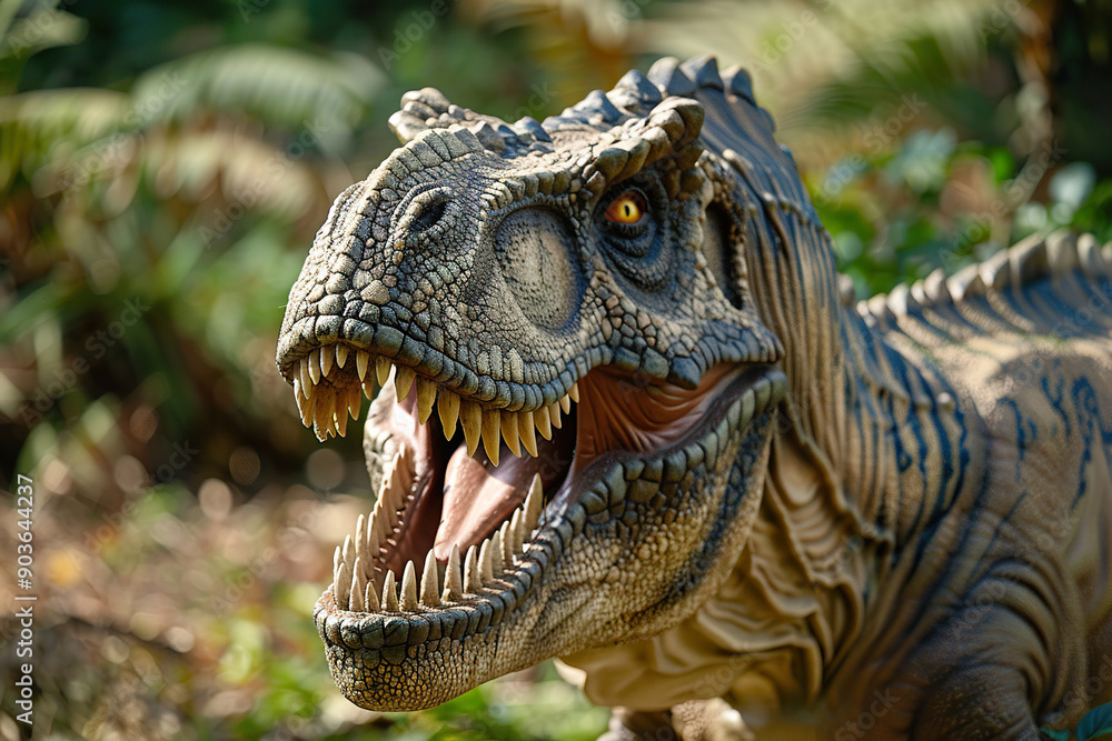 Generative ai on theme of big scary hungry dinosaur with kind eyes and sharp teeth destroying park Generative ai on theme of big scary hungry dinosaur with kind eyes and sharp teeth destroying park