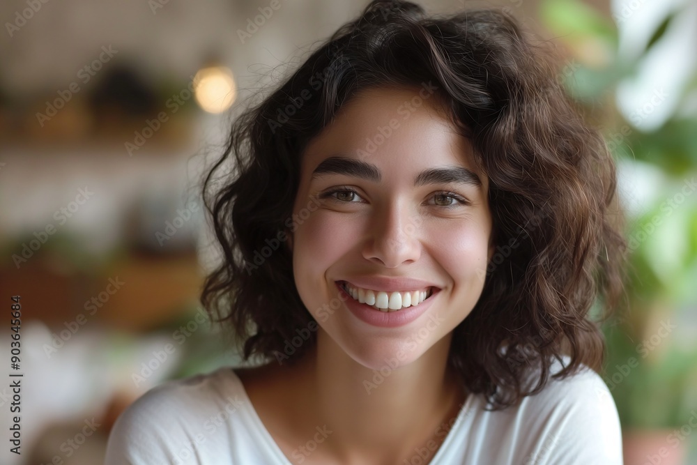 Close-up of a happy millennial woman with curly hair smiling indoors, expressing joy and positivity Close-up of a happy millennial woman with curly hair smiling indoors, expressing joy and positivity