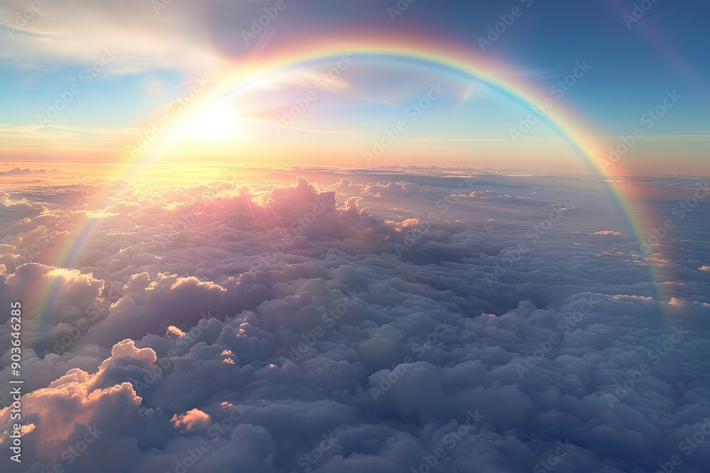 Generative ai on theme of beautiful tranquil landscape with magical bright rainbow at cloudy sky Generative ai on theme of beautiful tranquil landscape with magical bright rainbow at cloudy sky