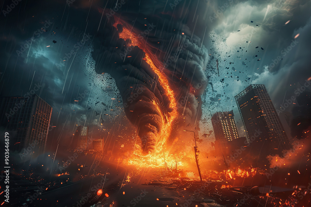 Fototapeta premium Generative ai on theme of scary huge hurricane fire tornado, apocalyptic dramatic background