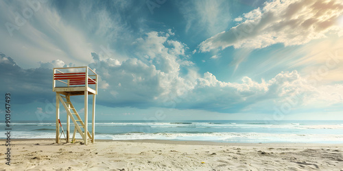 Wooden lifeguard tower stands tall against sky, overlooking ocean photo