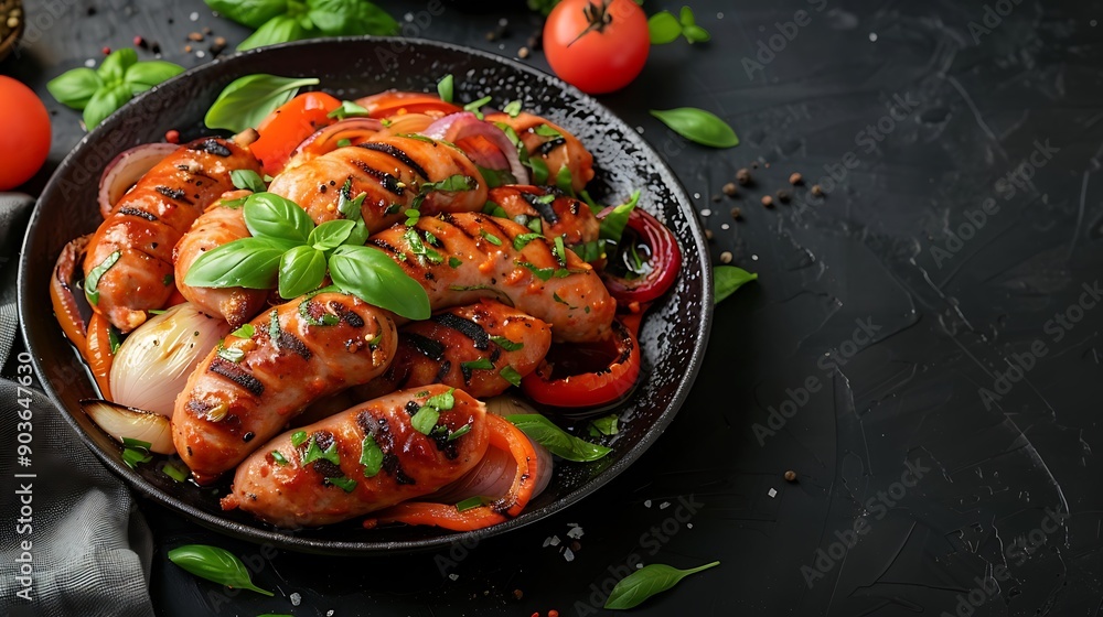Inviting plate of grilled Italian sausages with roasted bell peppers and onions, on a dark rustic table. Warm lighting emphasizing the rich colors and textures of the sausages and vegetables. Inviting plate of grilled Italian sausages with roasted bell peppers and onions, on a dark rustic table. Warm lighting emphasizing the rich colors and textures of the sausages and vegetables.