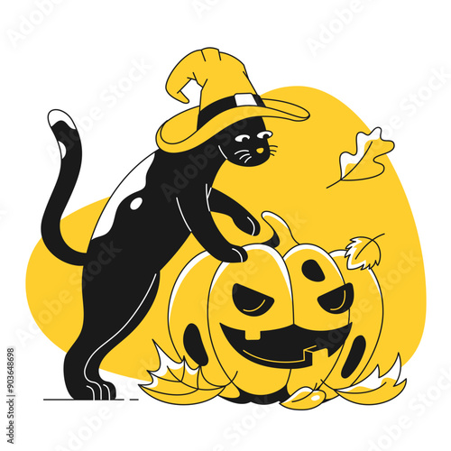 Witch cat with Halloween pumpkin