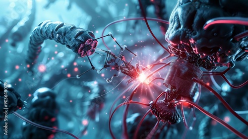 A computer-generated image of a nano-scale robot swarm performing microsurgery inside a human body, ultra-high detail