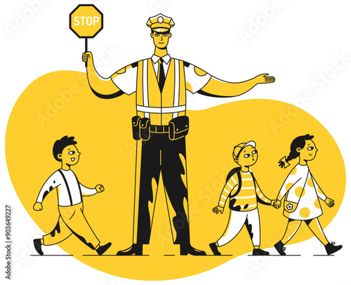 Children going to school at intersection with traffic guard