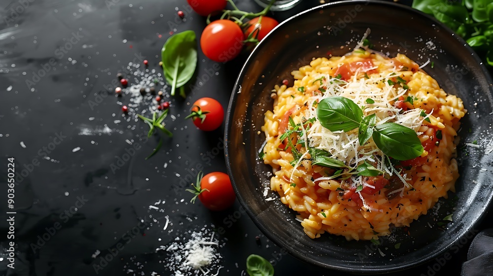 A beautifully plated saffron risotto with a generous topping of shaved Parmesan and fresh herbs, set on a dark background. Soft lighting creating a cozy and inviting atmosphere, A beautifully plated saffron risotto with a generous topping of shaved Parmesan and fresh herbs, set on a dark background. Soft lighting creating a cozy and inviting atmosphere,