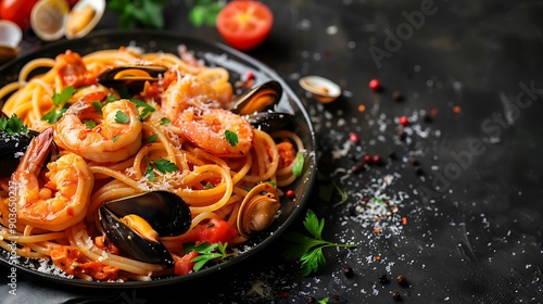 A beautifully plated seafood pasta with mussels, clams, and shrimp, sprinkled with fresh parsley, displayed on a dark surface. photo