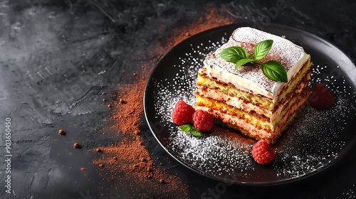 A beautifully plated slice of tiramisu with rich layers and a dusting of cocoa powder, displayed on a dark plate. Natural light highlighting the rich colors and textures of the dessert. hd quality, photo