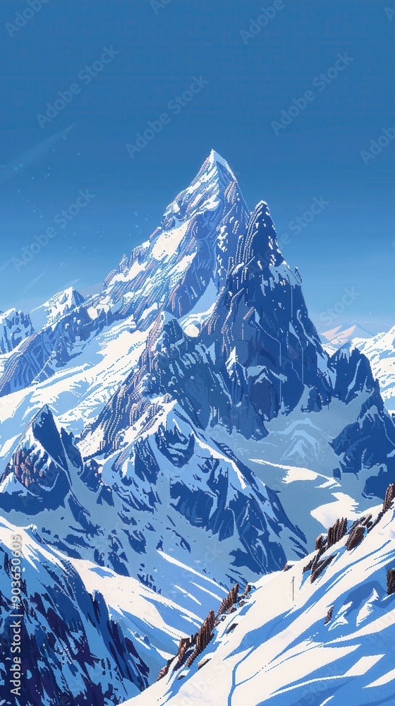 Obraz premium Pixel art mountain peak, snowcovered, clear blue sky