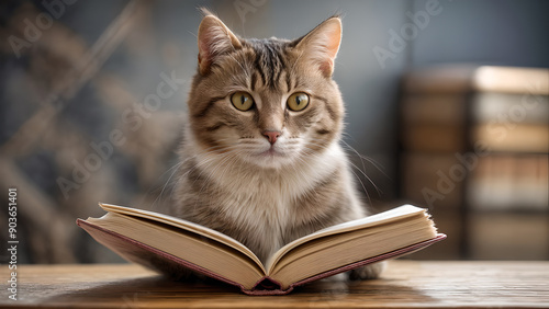 Cute cat staring at an open book, creating a whimsical and educational image. Ideal for use in pet blogs, social media, or educational promotions. Warm and cozy tones.