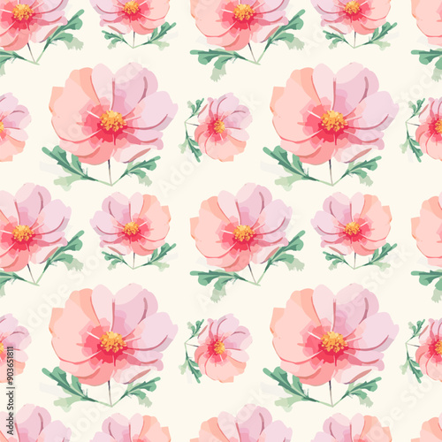 Pink Seamless pattern with watercolor flowers. Floral background.