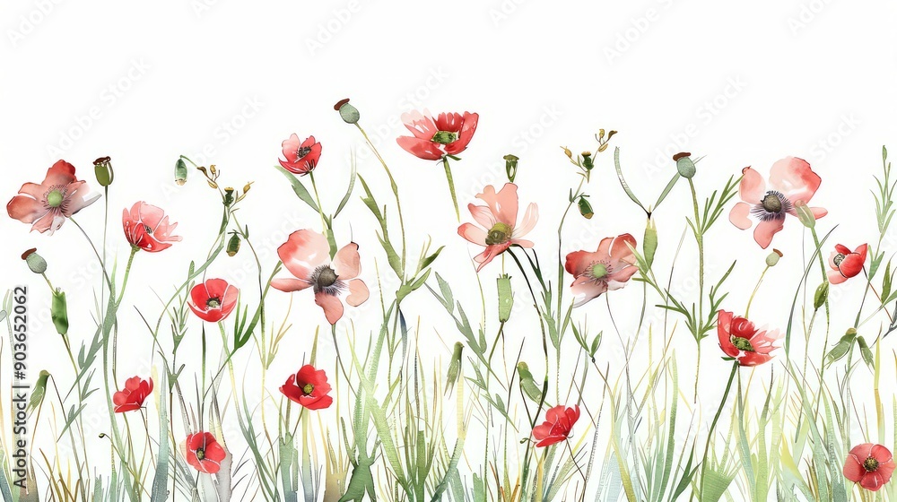 Obraz premium Watercolor tall grass and red poppys on a white background