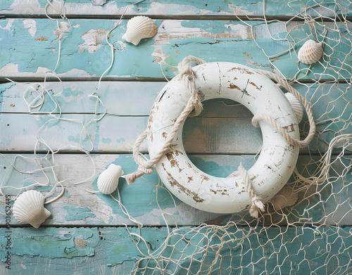 White Wooden Life Ring with Rope photo