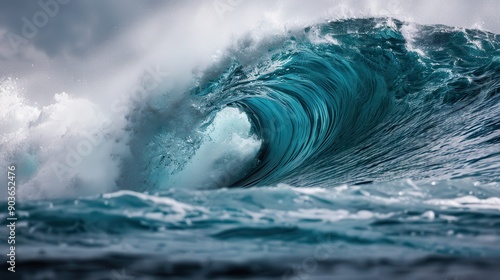 Powerful Ocean Wave Crashing with Dramatic Splash and Turbulent Water in Stormy Weather photo