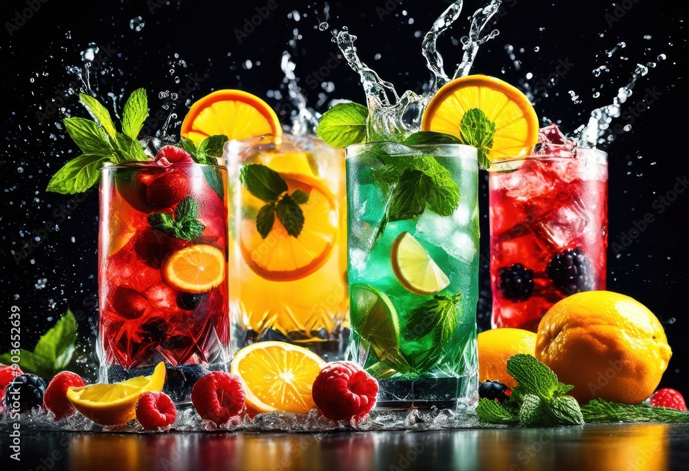 vibrant cocktail splashes featuring colorful garnishes dynamic arrangement bright hues refreshing ingredients, drink, liquid, fruit, ice, glass, beverage vibrant cocktail splashes featuring colorful garnishes dynamic arrangement bright hues refreshing ingredients, drink, liquid, fruit, ice, glass, beverage