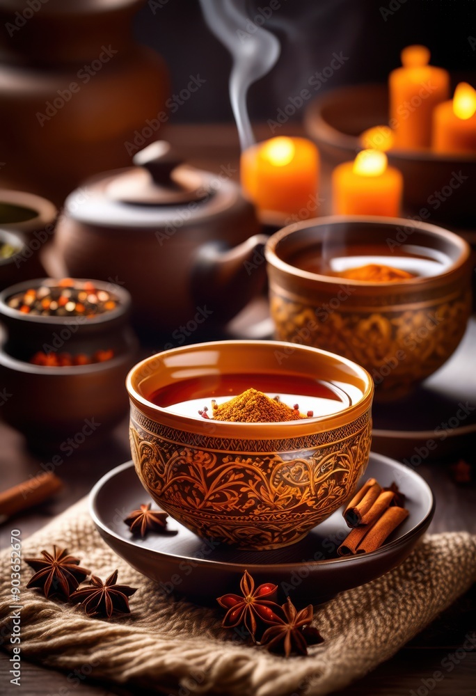 aromatic spices surrounding beautifully crafted cup chai tea rich color steam rising cozy setting, cinnamon, cardamom, ginger, vanilla, star, anise, cloves aromatic spices surrounding beautifully crafted cup chai tea rich color steam rising cozy setting, cinnamon, cardamom, ginger, vanilla, star, anise, cloves