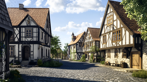 An illustration of a german middleage village with halftimbered houses and cobblestones © Studios