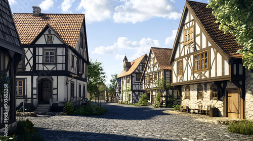 An illustration of a german middleage village with halftimbered houses and cobblestones