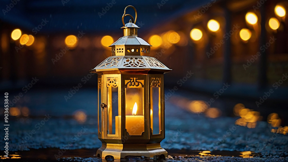 Ornamental Arabic lanterns with burning candles. Glittering golden bokeh lights. Ornamental Arabic lanterns with burning candles. Glittering golden bokeh lights.