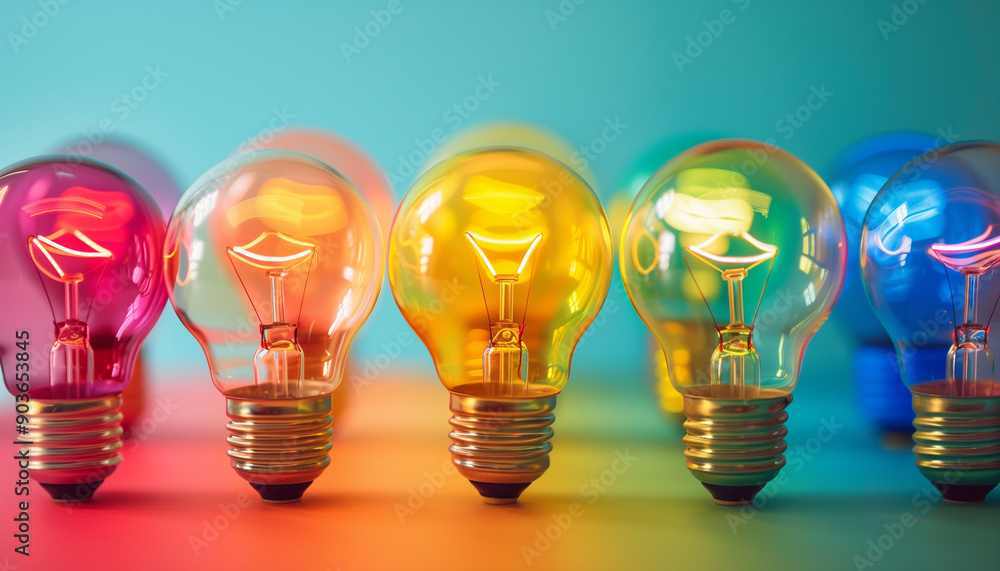 A row of colorful lightbulbs with vibrant neon hues, illuminated against a gradient background, symbolizing creativity and innovation. A row of colorful lightbulbs with vibrant neon hues, illuminated against a gradient background, symbolizing creativity and innovation.