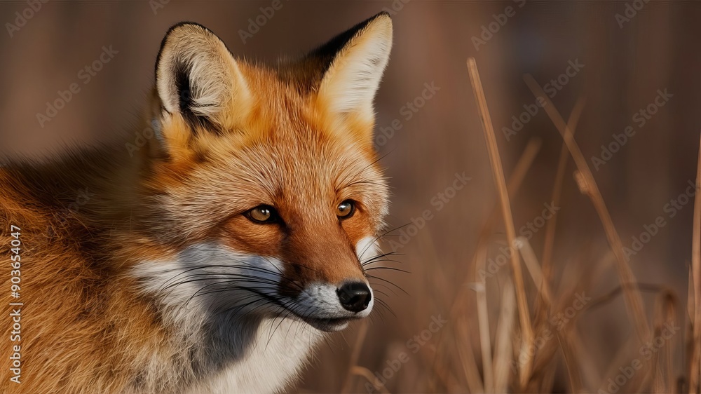 Alert, captivating portrait of a wild red fox, Vulpes vulpes, showcasing its striking fur and intense gaze Alert, captivating portrait of a wild red fox, Vulpes vulpes, showcasing its striking fur and intense gaze