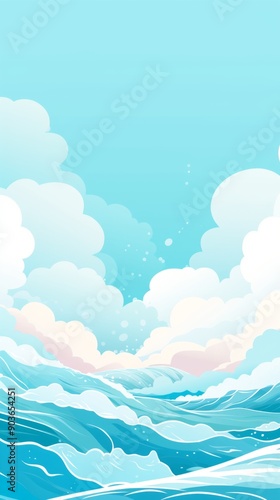 Soft waves roll gently beneath fluffy clouds against a serene blue sky, creating a calming and tranquil atmosphere perfect for digital backgrounds