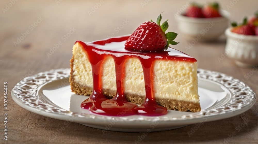 A delicate slice of cheesecake with a graham cracker crust, topped with a glossy strawberry glaze and fresh strawberries. A delicate slice of cheesecake with a graham cracker crust, topped with a glossy strawberry glaze and fresh strawberries.
