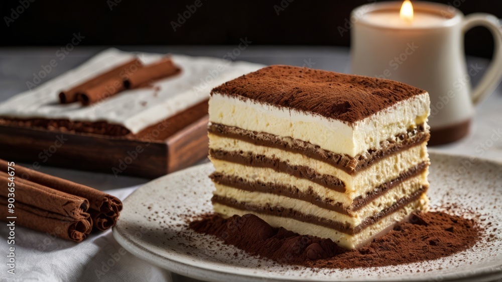 An elegant slice of tiramisu, showcasing layers of coffee-soaked ladyfingers and mascarpone cheese, dusted with cocoa powder. An elegant slice of tiramisu, showcasing layers of coffee-soaked ladyfingers and mascarpone cheese, dusted with cocoa powder.