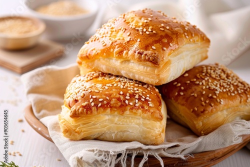 Enjoy the delightful rise of pastries topped with crunchy sesame seeds.