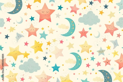 Wallpaper Mural Colorful Cartoon Stars, Moons, and Clouds Seamless Pattern Torontodigital.ca