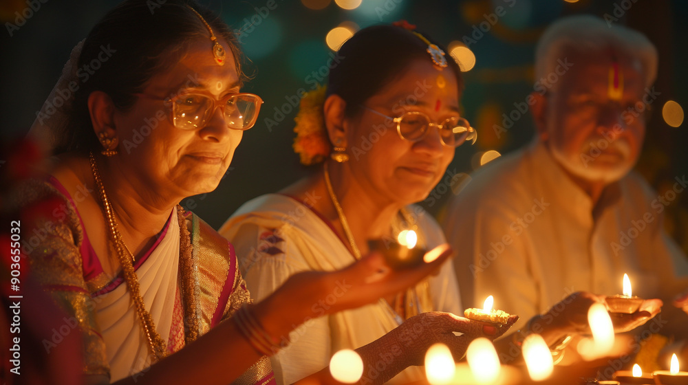 Indian family celebrates Diwali with prayers and oil lamps.