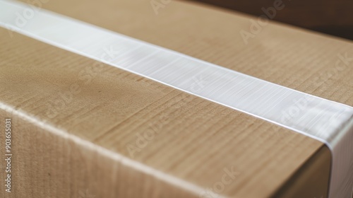 Close up of kraft box brown cardboard with blank white adhesive tape mockup photo