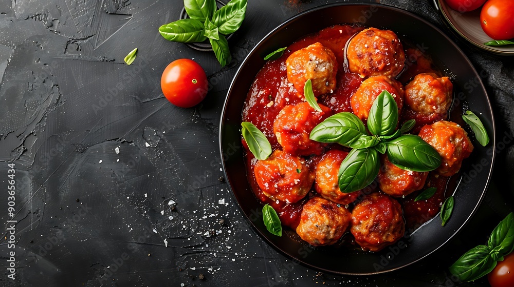 A sumptuous plate of Italian meatballs in rich tomato sauce, garnished with fresh basil, served on a stylish plate on a dark background. A sumptuous plate of Italian meatballs in rich tomato sauce, garnished with fresh basil, served on a stylish plate on a dark background.