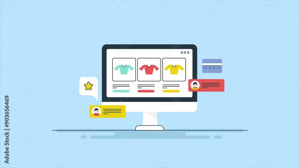 Online shopping store on computer screen, ecommerce shop, purchase using credit card, digital checkout system, conceptual video animation. Online shopping store on computer screen, ecommerce shop, purchase using credit card, digital checkout system, conceptual video animation.