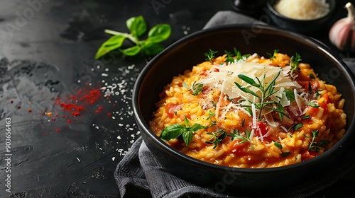 A sumptuous saffron risotto topped with shaved Parmesan and fresh herbs, served in a stylish bowl on a dark background.