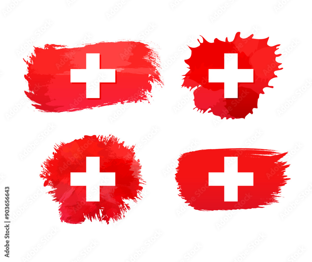 Obraz premium Set of isolated Swiss flag icons. Watercolor spots, brushing strokes design. Weekend tour symbol concept. Ink stain with flag of Switzerland background and clipping mask. Clip art collection. 