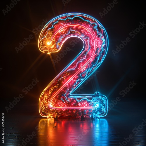 Number 2 neon sign number two on a dark background