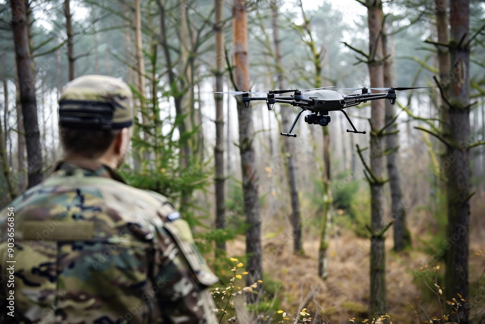 Naklejka premium Soldier is controlling a drone flying in the forest during a military operation