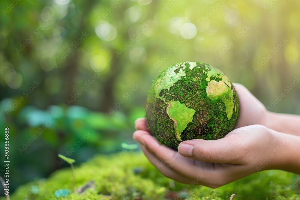 Hands gently holding a moss-covered Earth globe, symbolizing environmental conservation and the need for sustainable living within a natural setting Hands gently holding a moss-covered Earth globe, symbolizing environmental conservation and the need for sustainable living within a natural setting