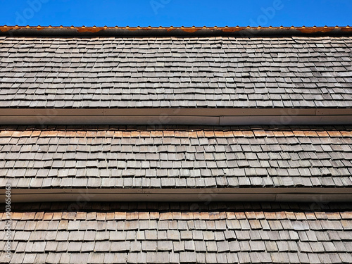 Obraz na płótnie Layer of Northern Thai wooden roof with blue sky pattern and texture background w salonie