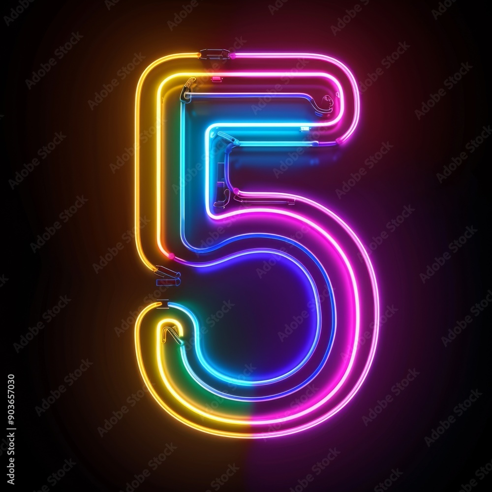 Number 5 neon sign number five on a dark background Number 5 neon sign number five on a dark background