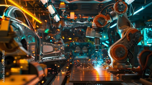 A mesmerizing dance of robotic welding gleaming chrome industrial machinery and molten metal sparks in a sleek neon lit high tech factory interior Futuristic automation and fabrication at its finest