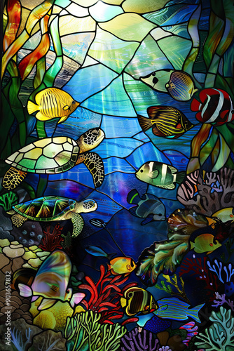 Obraz na płótnie Marine Life Stained Glass Artwork w salonie