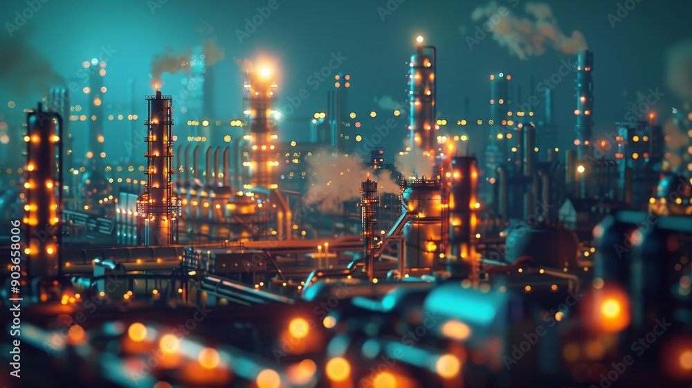 Fototapeta premium A futuristic city skyline with glowing lights and industrial structures, illuminated by a neon glow.