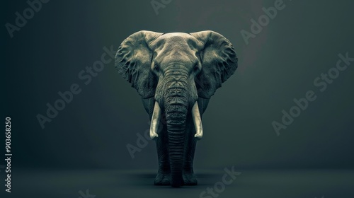 A majestic elephant stands facing the camera against a dark background. Its large ears and tusks are prominent, creating a powerful and imposing image.