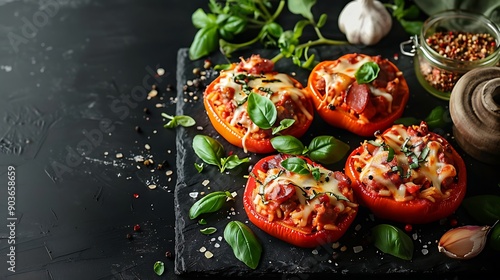 An elegant presentation of Italian stuffed bell peppers with a savory meat and rice filling, topped with melted cheese, set on a dark background. Soft lighting creating a cozy and inviting atmosphere,