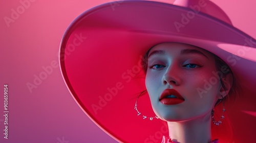 A woman in a pink hat and red lipstick stares intently at the camera, lit by vibrant pink and purple light.