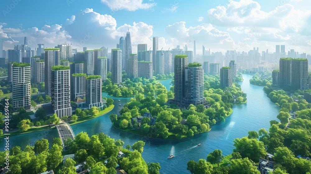 Fototapeta premium A vibrant cityscape showcasing modern architecture surrounded by lush greenery and a sparkling river under a blue sky.
