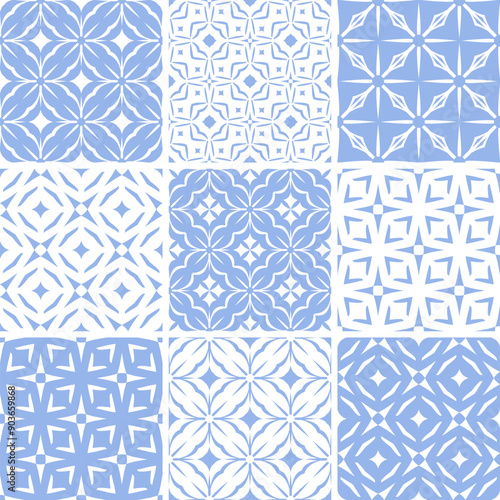 Set of Seamless Geometric Diagonal Checked Light Blue and White Patterns. 